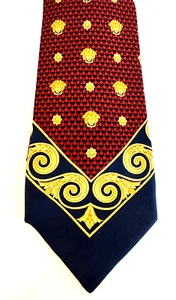 GIANNI VERACE 1990's BAROQUE V GOLD MEDUSA DEEP RED-NAVY BLUE NECKTIE AUTHENTIC - Picture 1 of 7
