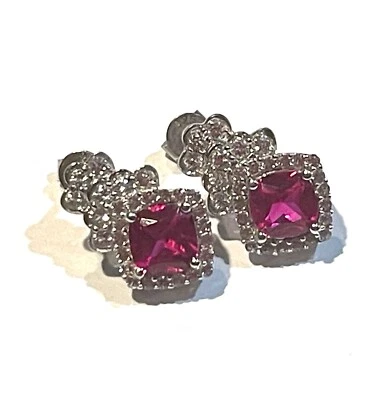 925 sterling silver lab created white sapphire cushion ruby stud earrings 3.7g - Image 1 of 3