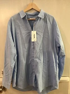 SAOVERE Blue V Neck Button Up Linen Cotton Shirt Roll Up Sleeve Women's XXL NWT - Picture 1 of 4