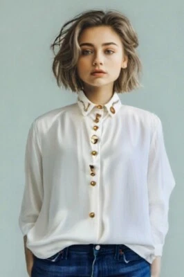 NOVA Blusa BlossomRosen Dividends Anos 80 Fechadura Chave Dourada Manga Longa Marfim Tamanho Grande - Imagem 1 de 4