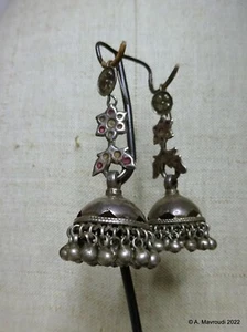 Afghan Kutchi Jhumka silver Temple Earrings Antique added 4 leaf Clover Hooks - Picture 1 of 8