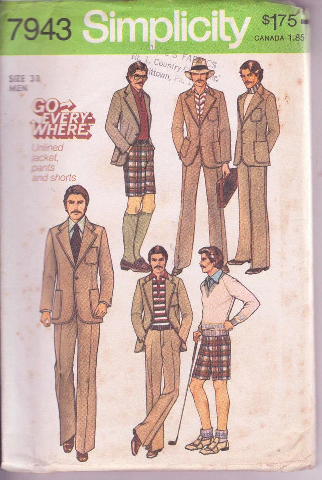 7943 SIMPLICITY c.1977 - PANTS SHORTS JACKET - MENS Sz 38" Ch 32" W - Image 1 of 1