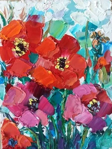 Original Ölgemälde rote Mohnblume Impasto Gemälde auf Platte 8x6 Zoll - Bild 1 von 24