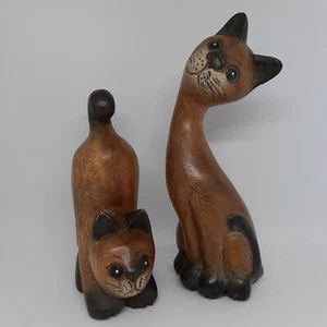 Hand-Carved Wooden Cat Ornaments Feline Sculptures x2 - Picture 1 of 12