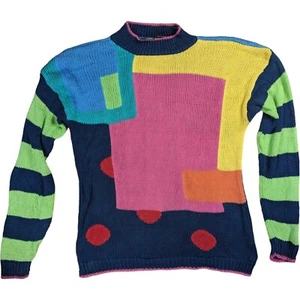 Vintage 80er/90er L/XL Liz Wear Baumwolle Neon Farbblock geometrischer Pullover New Wave - Bild 1 von 9