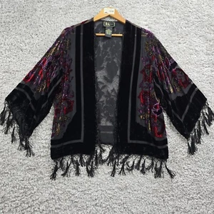 R&K Evening Kimono Medium Silk Blend Velvet Burnout Sheer Beaded Tasseled Boho - Picture 1 of 12
