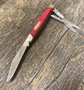 Vintage Buck 305X Lancer Pocket Knife Red Handle w Scissors GREAT Shape USA Made - Picture 1 of 19