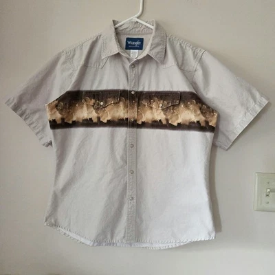 Wrangler Boys XXL (18-20) Western Pearl Snap Short Sleeve Tan Brown Horse Shirt - Image 1 of 4