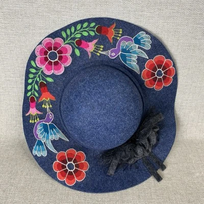 Pachamama Divine Connection Hat Wide Brim Baby Alpaca Felt Embroidered Bird Peru - Image 1 of 4
