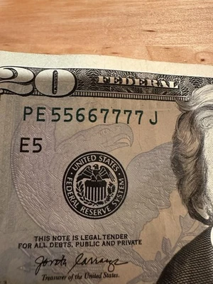 $20 Fancy Serial Number Trinary-Ladder 2017 PE55667777J - Image 1 of 3