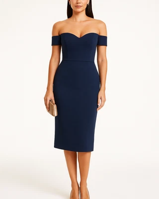 Vestido midi de crepé Dress the Population Bailey azul marino fuera del hombro novia L nuevo con etiquetas Foto 1 de 4