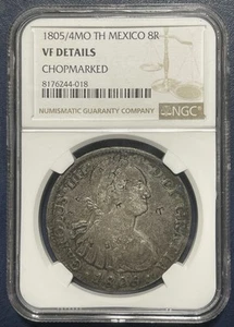 1805/4 MO TH MEXICO CHARLES IIII SILVER 8Reales NGC VF DETAILS CHOPMARKED RARE - Picture 1 of 4