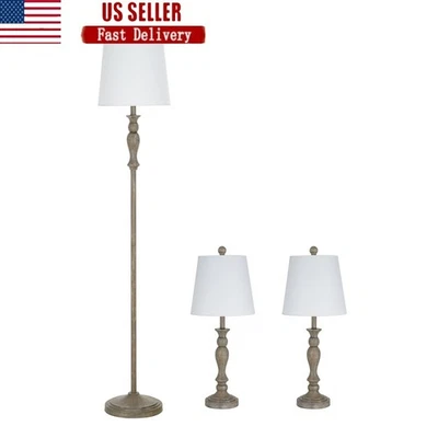 Rustic 3 Pack Table & Floor Lamp Set Wood Finish Modern Home Lighting Decor New - Image 1 of 4