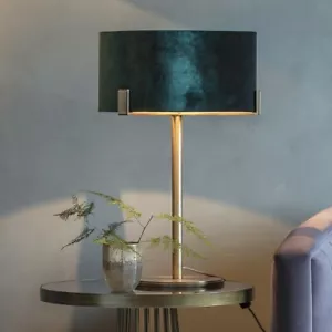 Messing Tischlampe mit Pfauengrün Samtschirm - Bild 1 von 2