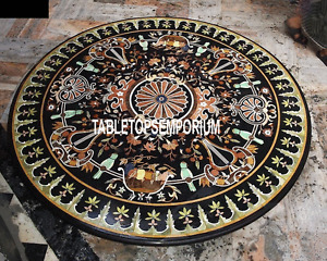 54'' Round Black Marble Center Sofa Coffee Table Tops, Semi Precious Inlay Decor