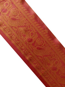 Indian Vintage Red and Gold Pure Tussar Silk Saree Trim Handwoven Paisley Border - Picture 1 of 11