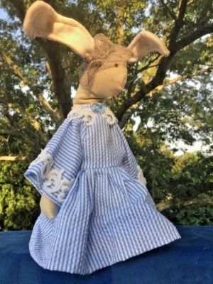 Primitive MISS BUNNY RABBIT Handmade Doll In Seer Sucker Granny Dress 12" ❤️j8 - Image 1 of 4