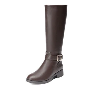 Women Knee High Boots Low Heel Riding Boots Round Toe Side Zipper Long Boots - Picture 1 of 21