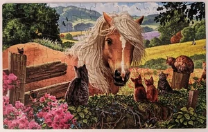 Sunsout NEW NEIGHBORS 100 pc Jigsaw Puzzle Art by Steve Crisp CATS Horses 25964 - Picture 1 of 12