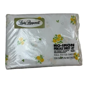 Vintage Lady Pepperell No Iron Percale Yellow Floral MCM Full Fitted Sheet NEW - Picture 1 of 3