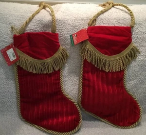 NEW Gold & Red Velvet Christmas Stockings ~ Gold fringe/piping ~ Pair of 2 ~ 18" - Picture 1 of 2