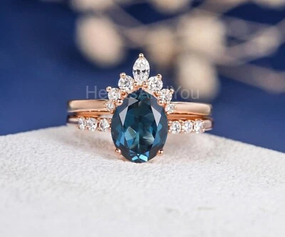 2ct Oval Cut Natural London Blue Topaz & Diamond 14k SOLID Rose Gold Bridal Set - Image 1 of 4