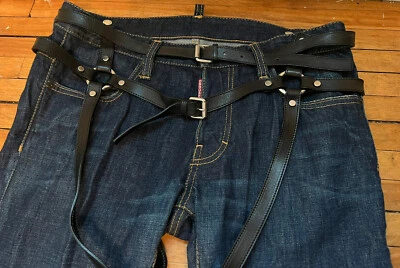 DSQUARED² RARE RUNWAY LEATHER BELT & HARNESS WASHED BLUE DENIM JEANS 48 32 ITALY - Image 1 of 4