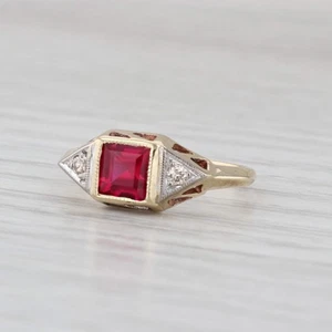 Vintage 0.85ctw Lab Created Ruby Diamond Ring 10k Yellow Gold Size 5.75 - Picture 1 of 10
