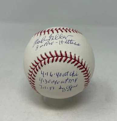 Bob Feller Signed Rawlings Official Baseball 3 No Hitter Dates Insc COA 623 - Image 1 of 4