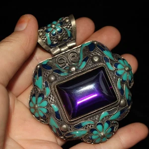 Chinese Old Craft Made Old Tibetan Silver Cloisonne Inlaid Zircon Pendant - Picture 1 of 9