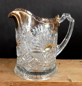 Antique U.S. Glass EAPG Pitcher/ Jug, Rising Sun / Sunrise w/ Gold trim 7.5" EXC - Picture 1 of 10