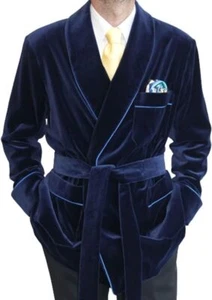 Marineblau Samt Smoking Morgenmantel Jacken Mantel Weihnachten Party Wear Smoking Jacket - Bild 1 von 5