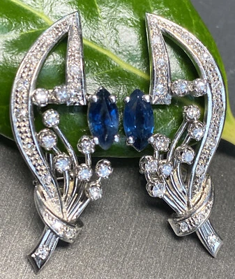 Vintage Diamond Sapphire Earrings Estate Fine Jewelry Pre-Owned 14K Gold Retro - Image 1 of 4