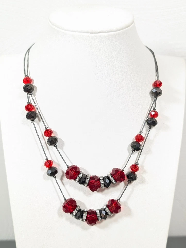 青铜色灰色金属双链红色玻璃水钻珠项链 20 英寸 — 第 1/1 张图片