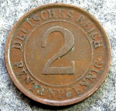 GERMANY WEIMAR REPUBLIC 1923 A 2 RENTENPFENNIG, SHEAF OF WHEAT km# 31 - Image 1 of 4