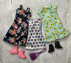 Three Flowered Dresses, Two Pair of Shoes and Purse, Barbie Clothes Lot #518 - Picture 1 of 7