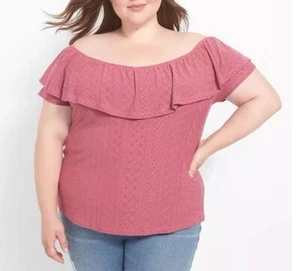 NWT Lane Bryant Classic Ruffle Off-The-Shoulder Eyelet Knit Top Pink Size 14/16 - Picture 1 of 9