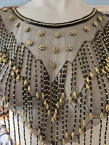 Vintage Gold Beaded Sheer Black Lace Collar Shawl Victorian Gold Beads 12” x 11” - Picture 1 of 7