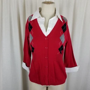 Elementz Cotton Lightweight Knit Argyle Cardigan Sweater Built in Shirt Womens M - Picture 1 of 6