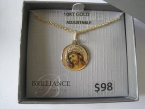BRILLIANCE 10 KT Gold Necklace Yellow Gold Jesus On Disc Adjustable Chain 16" - Picture 1 of 5