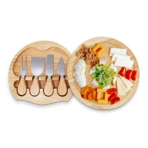 Round Wooden Cheese Board Slide-Out Drawer Stainless Steel 4 Knifes Set Gifts - Imagen 1 de 7