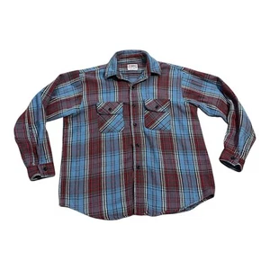 Vintage Big Mike Flannel Shirt Men Sz Large Blue Red Heavy Distressed Grunge USA - Picture 1 of 11