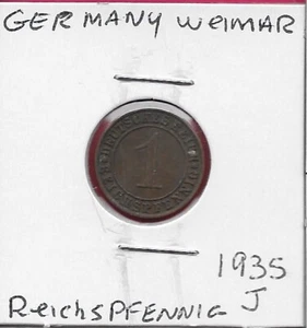 DEUTSCHLAND WEIMAR 1 REICHSPFENNIG 1935-J WEIZENGARBE TEILT DATUM, STÜCKELUNG MIT - Bild 1 von 2