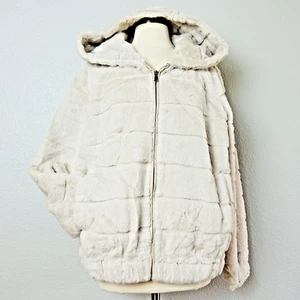 Teddy Jacket Coat Beige Faux Fur Hooded Plush Full Zip Satin Lined Size L/XL - Picture 1 of 7
