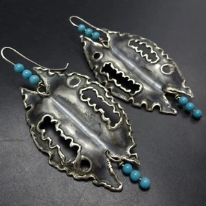 WOLF DOSCH Sterling Silver FISH EARRINGS w/ TURQUOISE BEADS Modernist Brutalist - Picture 1 of 13