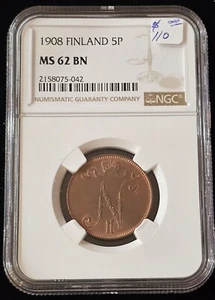 1908 Finland 5 Pennia NGC  MS62 - Picture 1 of 2