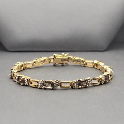 Brazalete Tenis Cuarzo Ahumado y Transparente 7.5" Oro Vermeil Sobre Plata de Ley 13g Foto 1 de 4