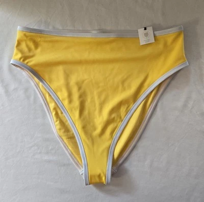 Shade & Shore 全新带标签高腰,高腿 Cheeky 比基尼底部 L 码黄色/白色 — 第 1/4 张图片