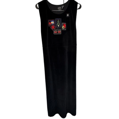 Erika Black Velvet Christmas Holiday Maxi Dress Womens Medium Embroidered Bows - Image 1 of 4