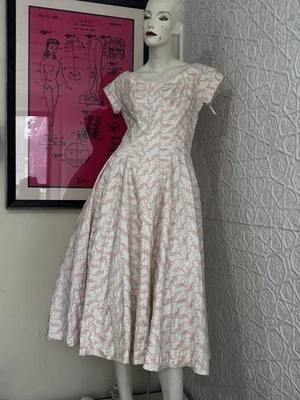 vintage 1950s party dress white pink embroidered floral-Tea-Coquette Cottage M - Image 1 of 4